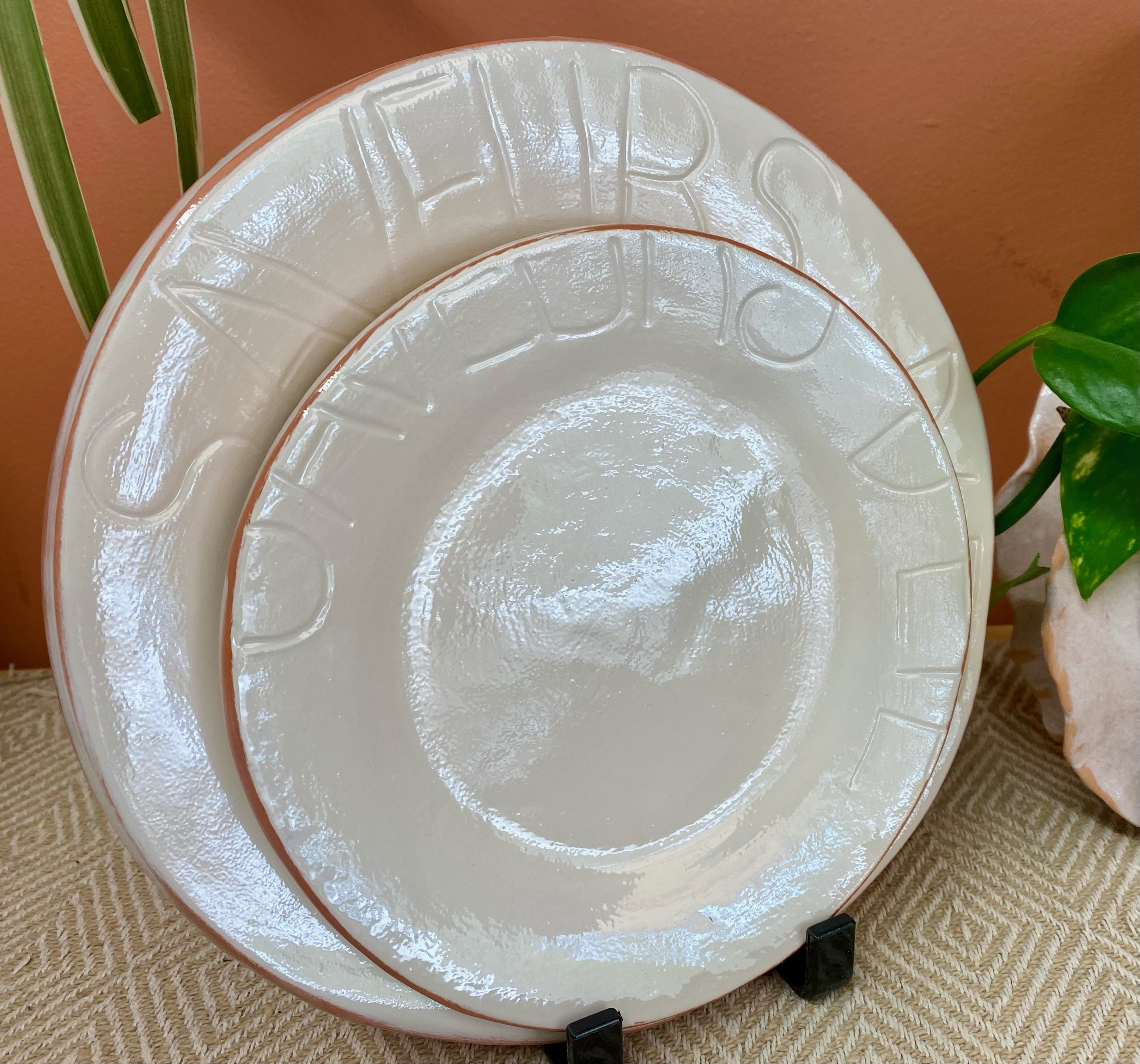 Assiettes en céramique blanche avec texte gravé, fond terracotta végétal